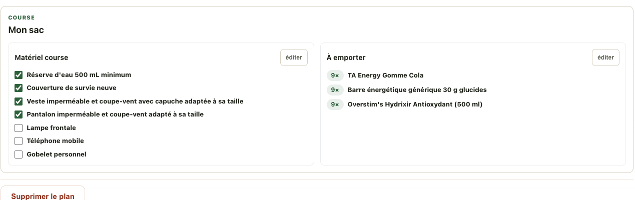 Capture Trailboard de la liste du matériel de course et des produits nutritionnels à emporter.